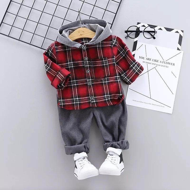 Riolio Toddler Boy Red Plaid Hoodie Top & Pants Set - Image 6