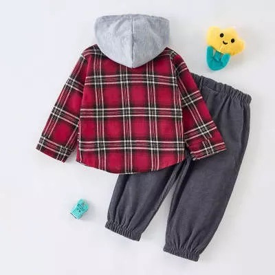 Riolio Toddler Boy Red Plaid Hoodie Top & Pants Set - Image 2