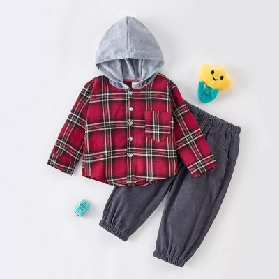 Riolio Toddler Boy Red Plaid Hoodie Top & Pants Set
