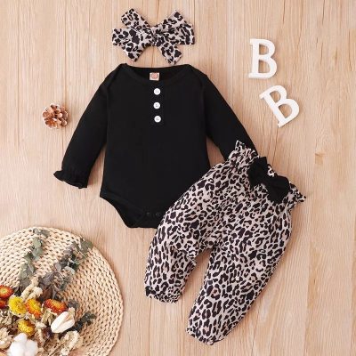 Riolio 3-Piece Leopard Romper, Pants & Bow Set