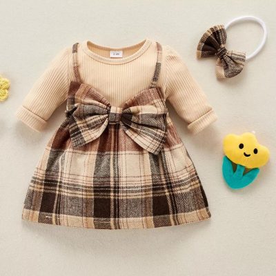 Riolio 2-Piece Tan Plaid Bow Dress w/Headband