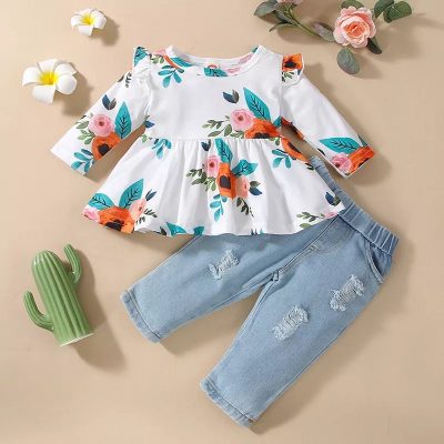 Riolio Ruffle Floral Dress Top & Jeans Set