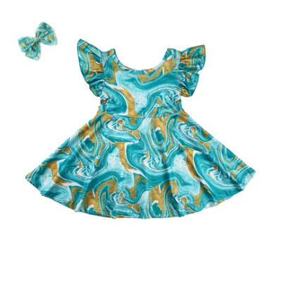 Sparkledots Seafoam & Gold Swirl Twirl Dress & Bow